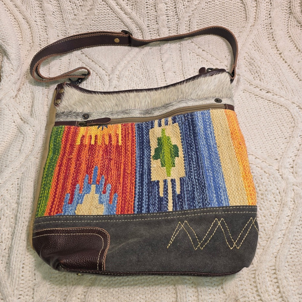 Myra Bag Crossbody Multicolor Southwestern Rug‎ Cow Hide Hair Canvas